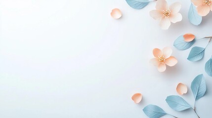 Delicate pink flowers and blue leaves on a blue background.