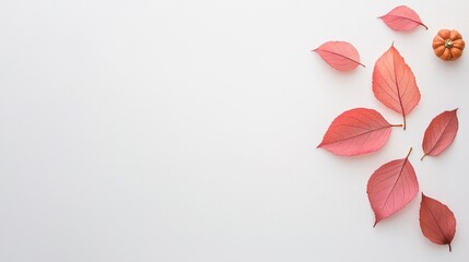 Delicate dusty rose and copper autumn leaves with tiny gourds on a white backdrop. Minimalistic, high resolution, clear sharp focus, hyper-detailed.