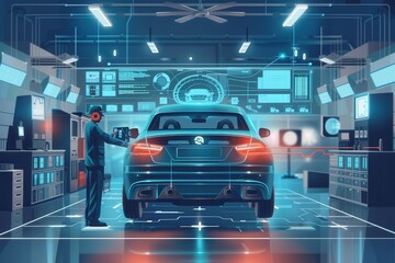 Fototapeta premium A mechanic conducts a computer diagnosis on a car while working on engine repairs in a high-tech automotive workshop. Generative AI
