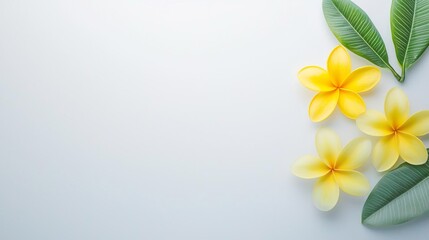 Fototapeta premium Small vivid yellow and ocean blue summer leaves with mini frangipanis on a white backdrop. Minimalistic, high resolution, clear sharp focus, hyper-detailed.