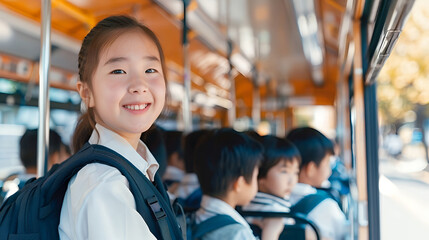Obraz premium Smiling asian schoolgirl with a backpack is standing in a school bus with her classmates. Elementary school. Journey to Knowledge. Concept back to school.