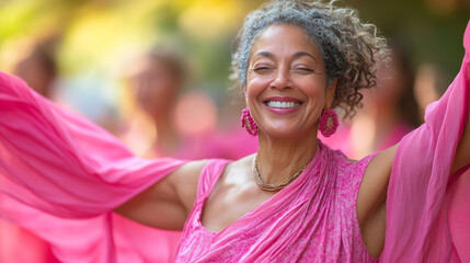 Women in flowing pink dresses dancing in a park for breast cancer awareness.
