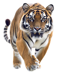 Fototapeta premium A striking Bengal tiger prowling with intent, isolated, cut out.