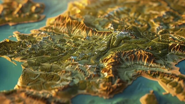 Artistic 3d illustration of topographic map with detailed terrain of Europe
