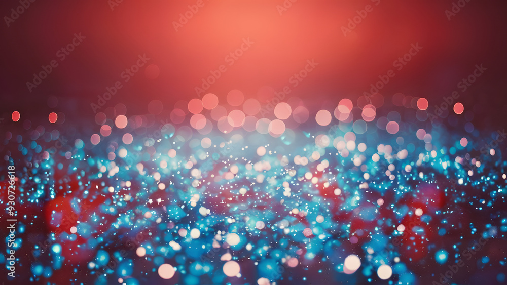 Poster red and blue glitter bokeh: a mesmerizing abstract background of shimmering red and blue bokeh light