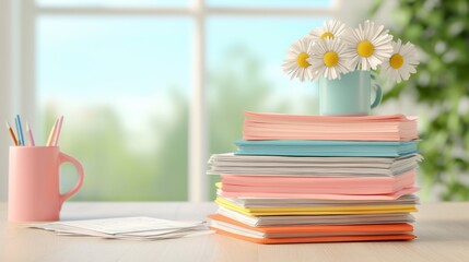 Colorful Stack of Notebooks with Daisies in a Mug on a Bright Desk by a Window