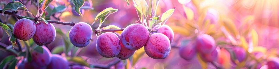 Plum fruit suspended on a tree branch in an orchard, showcasing vibrant hues of purple and pink, representing delicious sweet flavors.