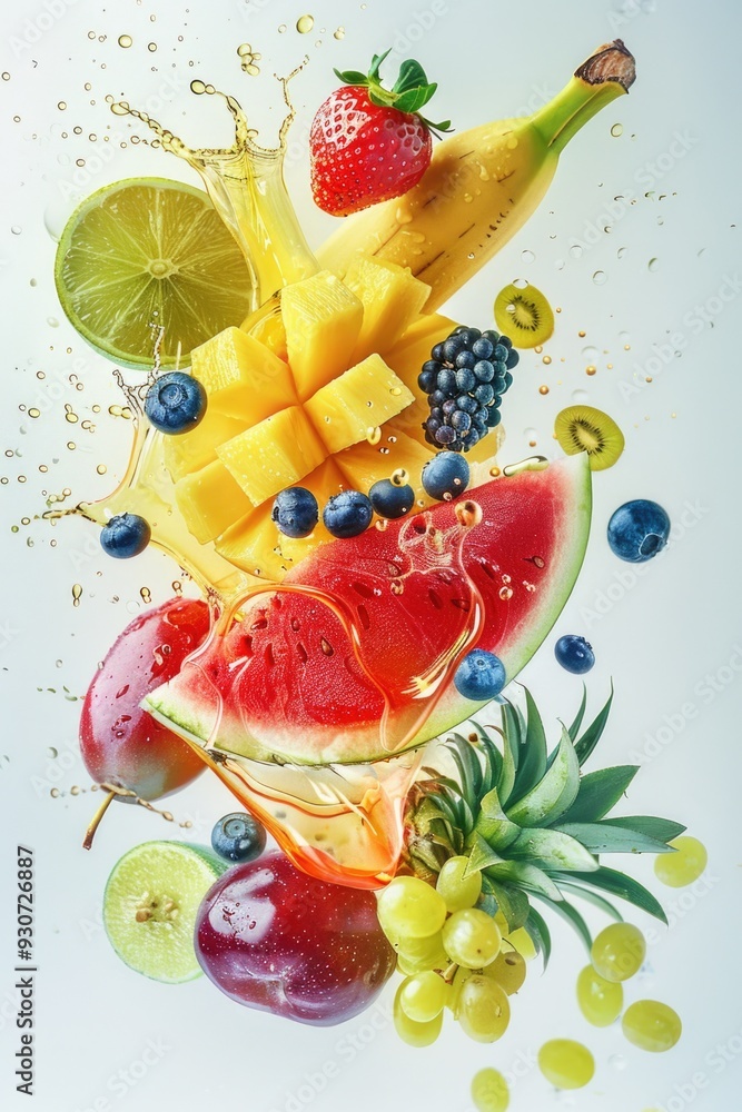 Poster A colorful assortment of fruits falling from above into the calm water, creating ripples and splashes