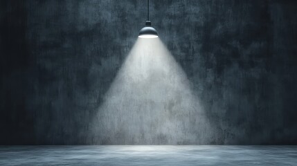 An empty dark concrete room with a single spotlight illuminating the center, creating a dramatic and eerie atmosphere, ideal for artistic and minimalist themes.