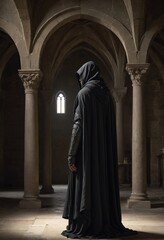 Naklejka premium A mysterious figure in a dark cloak stands in a medieval setting, shrouded in shadows, evoking themes of fantasy, intrigue, and the unknown.