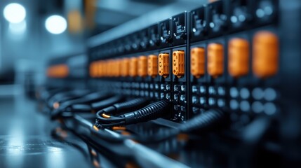 A detailed look at a row of network cables and ports within a server room, showcasing the complexity and organization of modern data management and technology systems.
