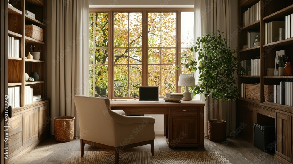 Poster a home office with a desk, chair, and potted plant. the room is filled with bookshelves and a window