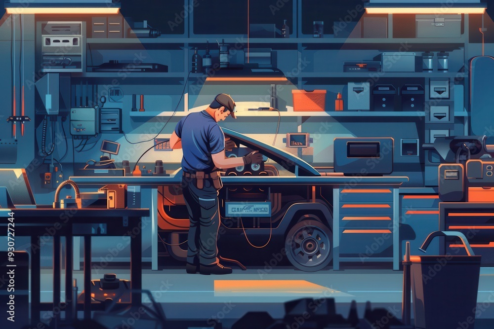 Poster A mechanic is using a computer to diagnose engine problems while working on a car in a well-equipped repair shop. Generative AI