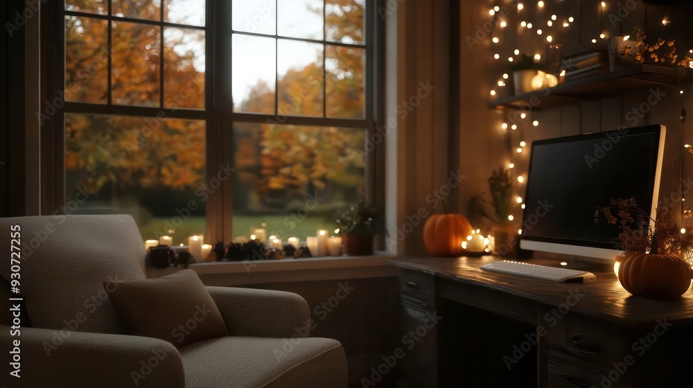 Poster a cozy room with a chair, a desk, and a window. the window has a view of a forest with trees in autu