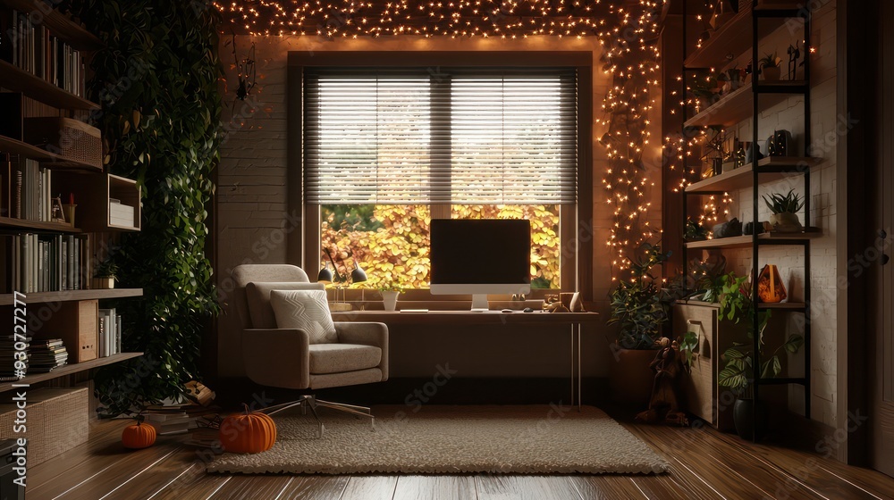 Poster a cozy room with a desk, chair, and a computer monitor. the room is decorated with autumn leaves and