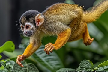 An image showcasing a squirrel monkey leaping between branches with agility, demonstrating its active and social behavior in the rainfores