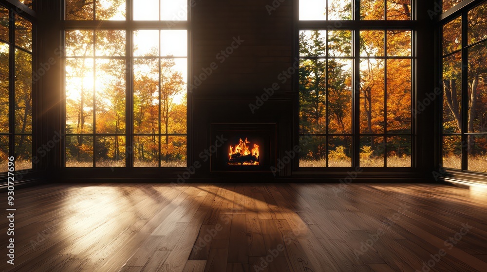 Poster a large fireplace with a fire in it is in a large room with lots of windows. the room is very bright
