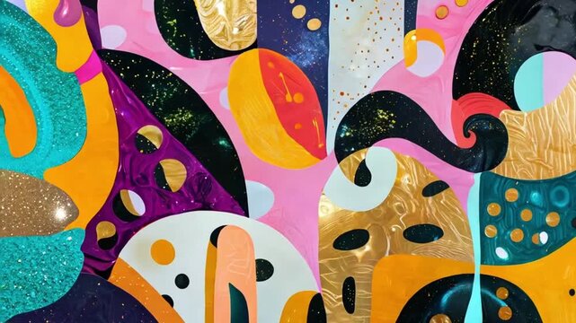 Vibrant abstract animated art with golden swirls and colorful accents.