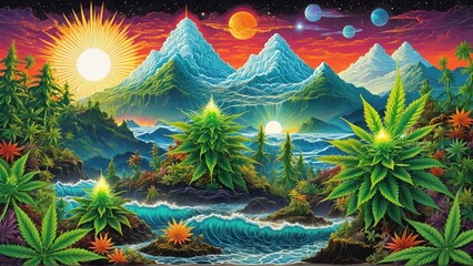 A vibrant, surreal landscape featuring mountains, a river, and cannabis plants, set against a cosmic backdrop. Perfect for cannabis culture, art, and wellness themes.