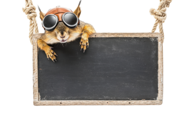 A joyful squirrel wearing a small leather aviator cap with goggles, peeking over a school long blackboard hanging from a rope, isolated, cut out.