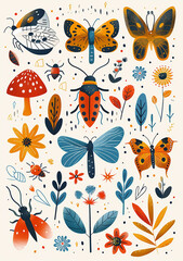 Image with cute cartoon insects and nature objects for kids to play memory game on white background in colorful patterns.