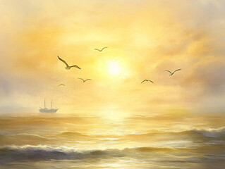 Golden sunrise over a tranquil seascape with reflective waves, silhouetted sailboats, and seabirds soaring in the sky, capturing the serene beauty and peacefulness of the early morning ocean.