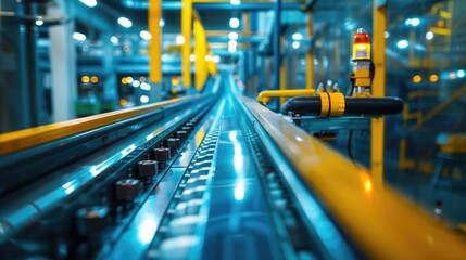 Industrial setting with conveyor belt and bright lights