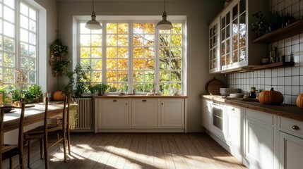 A kitchen with a window that lets in sunlight and a view of trees. The kitchen is clean and well-organized, with a wooden counter and cabinets. There are several potted plants