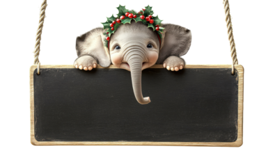A smiling baby elephant wearing a festive holly headband, peeking over a School long black board hanging from a rope , isolated, cut out.