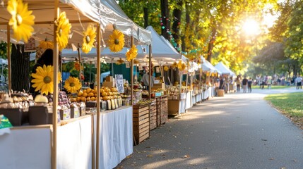 A row of tents with yellow flowers hanging from them. There are many people walking around and shopping