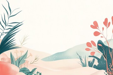 Abstract pastel landscape with plants and hills