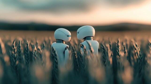 Two robots stand motionless in a wheat field at sunset, signifying the blend of nature and technology, possibly hinting at future agricultural advancements or companionship.