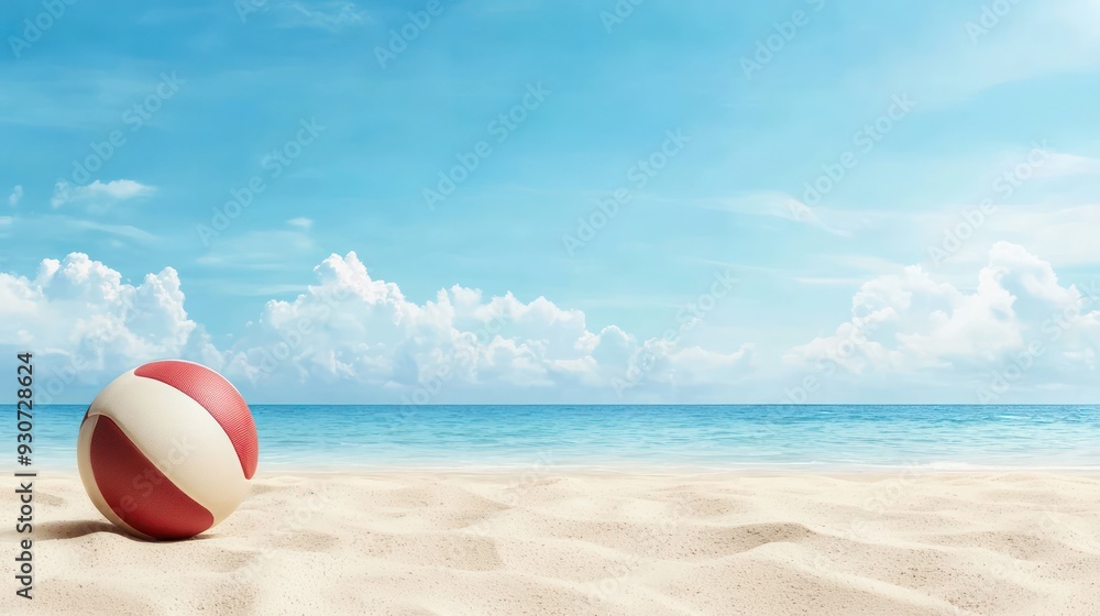 Poster a red and white beach ball sits on the sand near the ocean. the beach ball is the only object in the