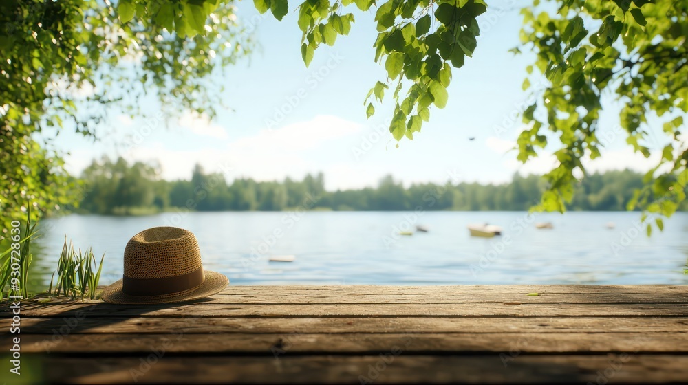 Poster a straw hat is sitting on a wooden dock by a lake. the hat is facing the water and the surrounding t