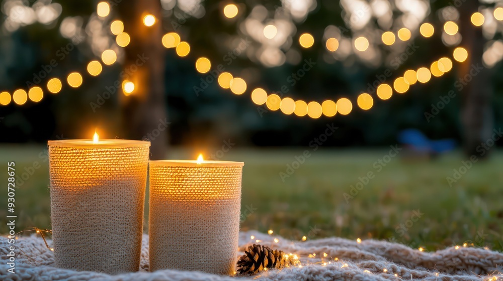 Aufkleber two candles are lit on a blanket in a grassy field. the candles are surrounded by a blanket and a pi