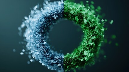 An artistic depiction of blue and green fragments kinetically exploding and forming a circle, symbolizing the energy, transformation, and unity through chaotic motion.
