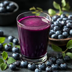 A glass of vibrant blueberry smoothie surrounded by fresh blueberries and leaves.