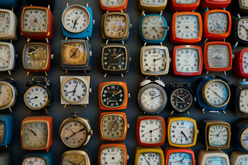 Collection of vintage alarm clocks showing different times on grey wall