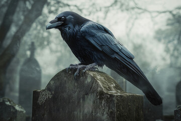 Fototapeta premium Dark Raven on Tombstone in Foggy Cemetery - Eerie Gothic Scene