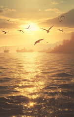 Golden sunrise over a tranquil seascape with reflective waves, silhouetted sailboats, and seabirds soaring in the sky, capturing the serene beauty and peacefulness of the early morning ocean.