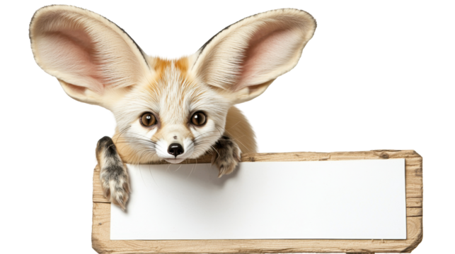 A fennec fox with its large ears perked up, leaning on a blank wooden sign, isolated, cut out.