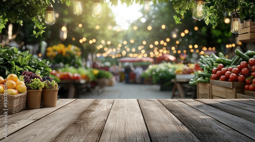 Aufkleber a market scene with a wooden table in the foreground. the table is covered with baskets of fruit and