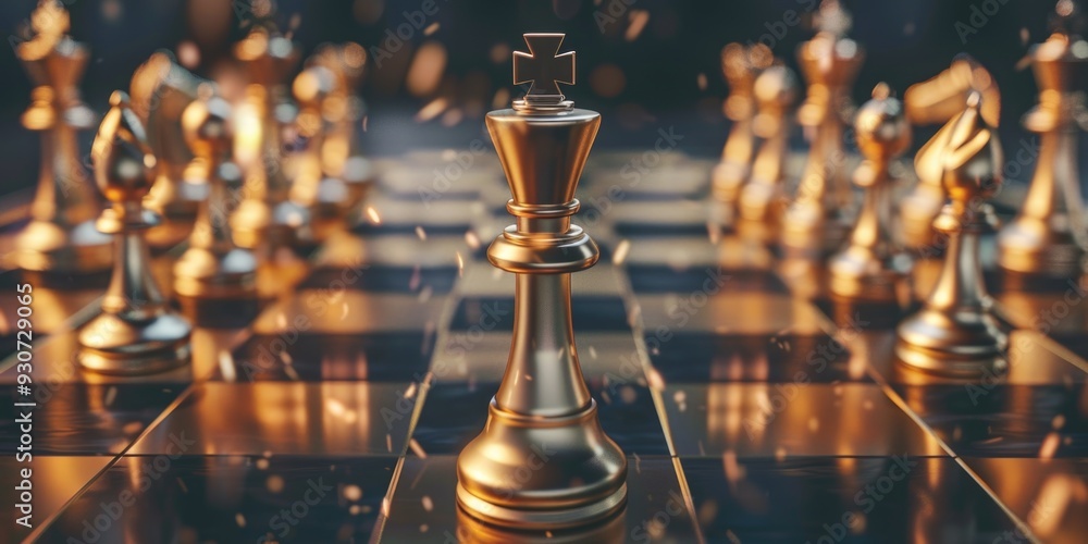 Poster a close-up view of a chess board featuring golden game pieces