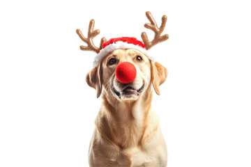 A Labrador Retriever wearing a Rudolph nose and antlers, isolated, cut out.