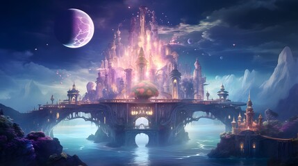 Fantasy landscape with bridge in the moonlight. 3d rendering