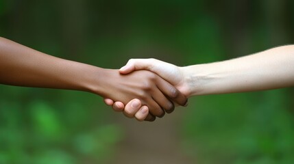 Two people from different backgrounds shake hands to signify partnership
