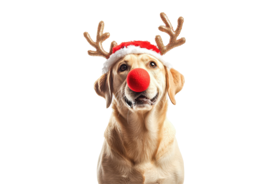 A Labrador Retriever wearing a Rudolph nose and antlers, isolated, cut out.