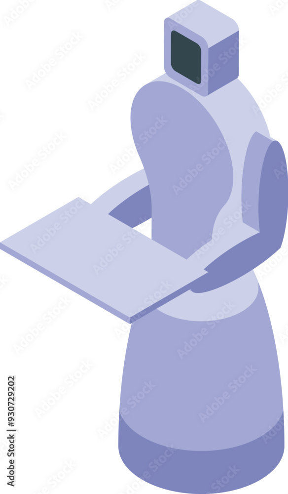 Poster modern robot is holding a tablet with an empty screen in isometric view