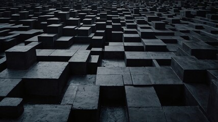 Intertwining geometric shapes create an immersive environment, emphasizing depth and complexity in a monochromatic palette