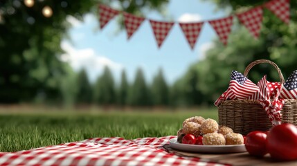 A basket of donuts and a red and white checkered blanket on a grassy field